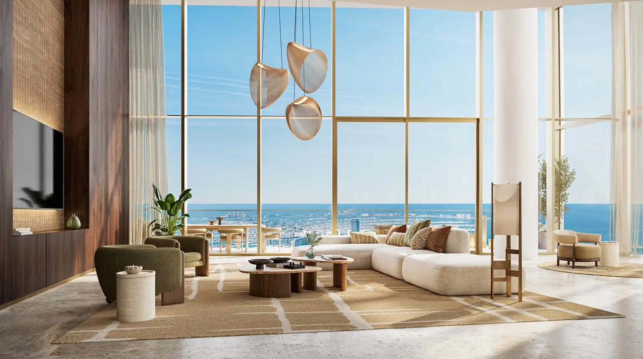 Six Senses Residences Dubai Marina by Select Group elegant living room with floor to ceiling windows and panoramic sea views in Dubai - Presented by Tohid Fetrat