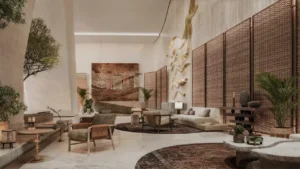 Six Senses Residences Dubai Marina by Select Group lobby interior with natural textures lounge seating and artistic wall design in Dubai - Presented by Tohid Fetrat