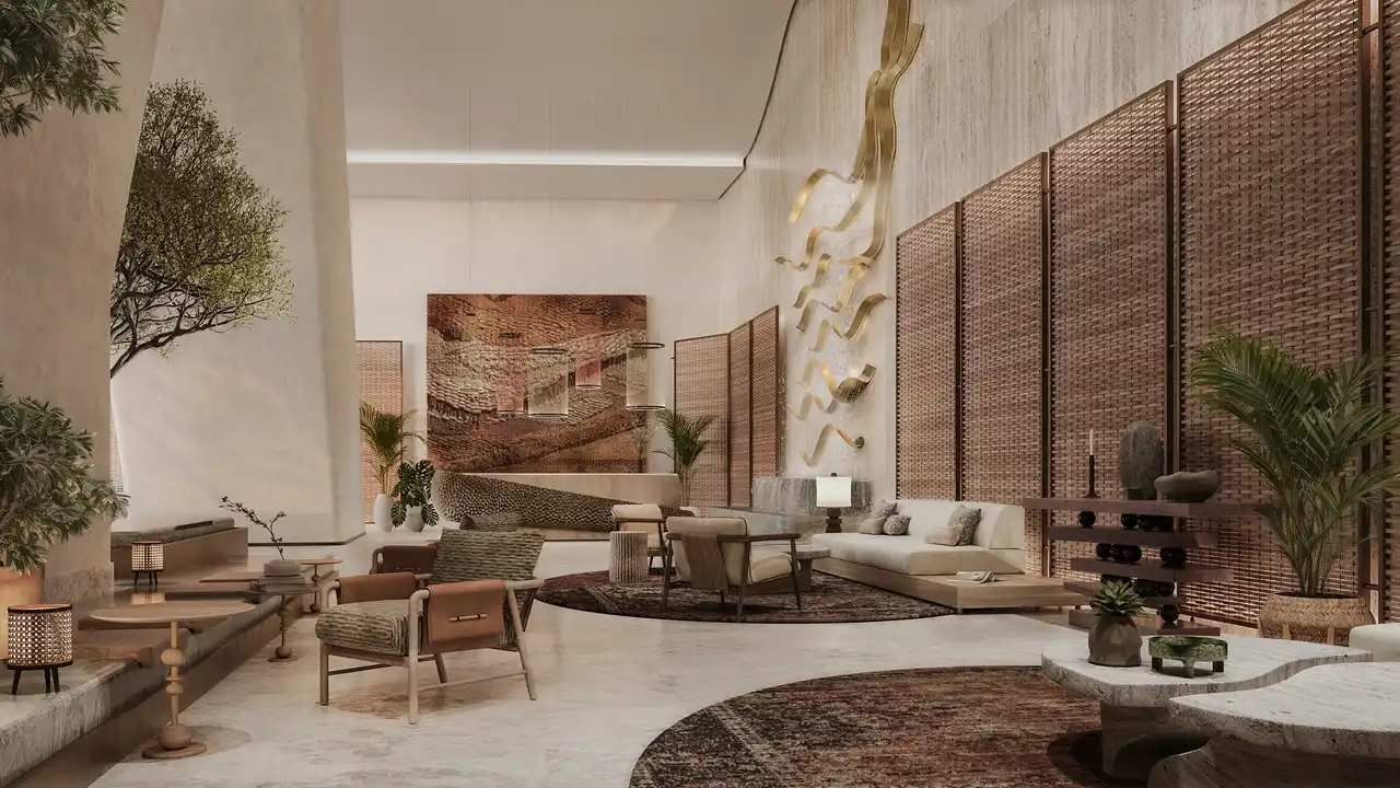 Six Senses Residences Dubai Marina by Select Group lobby interior with natural textures lounge seating and artistic wall design in Dubai - Presented by Tohid Fetrat