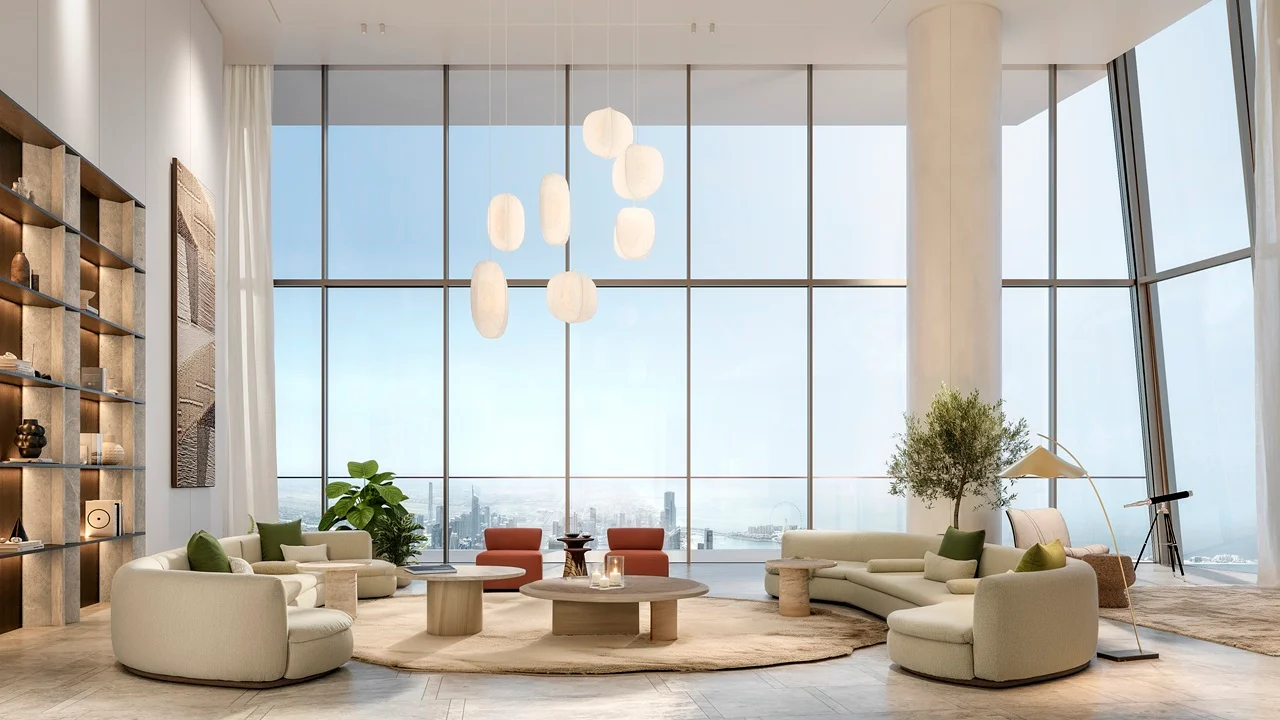 Six Senses Residences Dubai Marina by Select Group luxury living room with double height windows, panoramic city views, and elegant modern interiors in Dubai - Presented by Tohid Fetrat