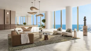 Six Senses Residences Dubai Marina by Select Group luxury lounge with billiards table and panoramic sea views through floor to ceiling windows in Dubai - Presented by Tohid Fetrat