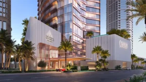 Six Senses Residences Dubai Marina by Select Group main entrance with modern facade palm landscaping and drop off area in Dubai - Presented by Tohid Fetrat