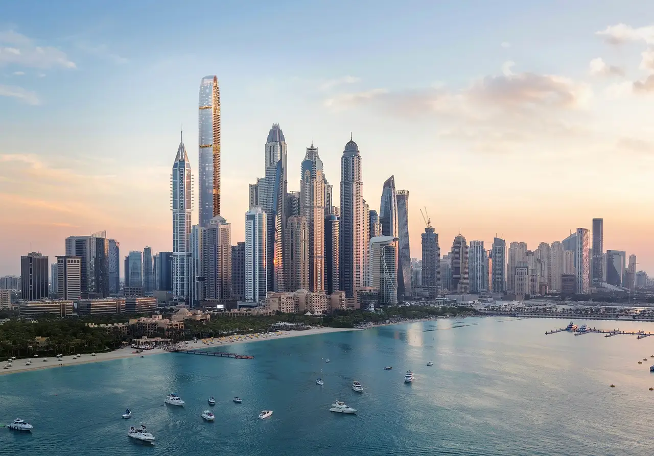 Six Senses Residences Dubai Marina by Select Group view of Dubai Marina skyline and beachfront with yachts along the Gulf in Dubai - Presented by Tohid Fetrat