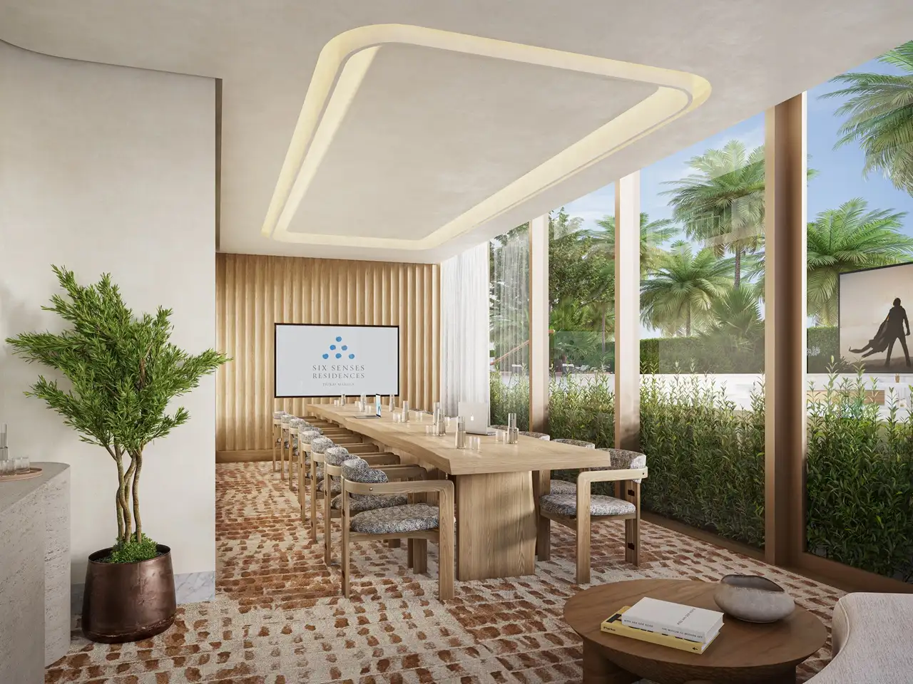 Six Senses Residences Dubai Marina by Select Group meeting room with wooden table natural light and garden views in Dubai - Presented by Tohid Fetrat