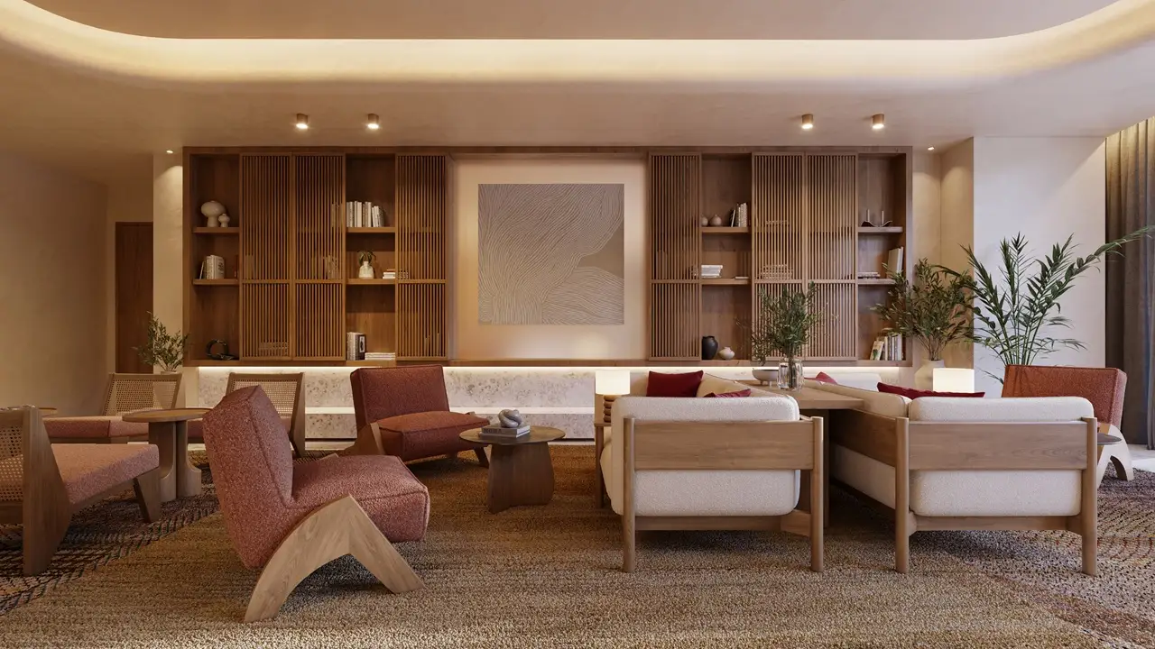 Six Senses Residences Dubai Marina by Select Group residential lounge with warm wood finishes seating areas and curated shelving in Dubai - Presented by Tohid Fetrat