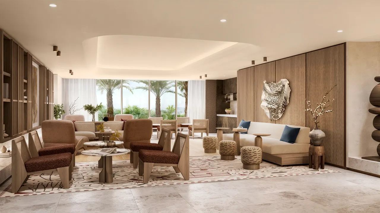 Six Senses Residences Dubai Marina by Select Group residential lounge with seating area natural materials and garden views in Dubai - Presented by Tohid Fetrat