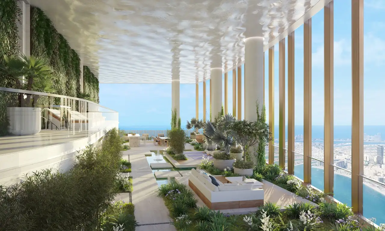 Six Senses Residences Dubai Marina by Select Group skydeck with horizon views lush greenery and open lounge spaces in Dubai - Presented by Tohid Fetrat