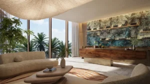 Six Senses Residences Dubai Marina by Select Group spa reception with natural stone counter wooden finishes and garden views in Dubai - Presented by Tohid Fetrat