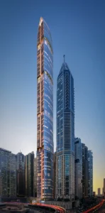 Six Senses Residences Dubai Marina by Select Group tower street level view with illuminated facade and surrounding skyline in Dubai - Presented by Tohid Fetrat
