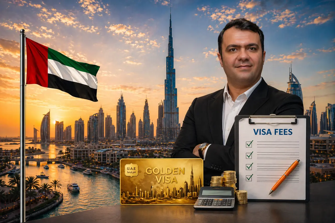 Dubai Golden Visa fees concept with Six Senses Residences Dubai Marina skyline and investment elements Presented by Tohid Fetrat