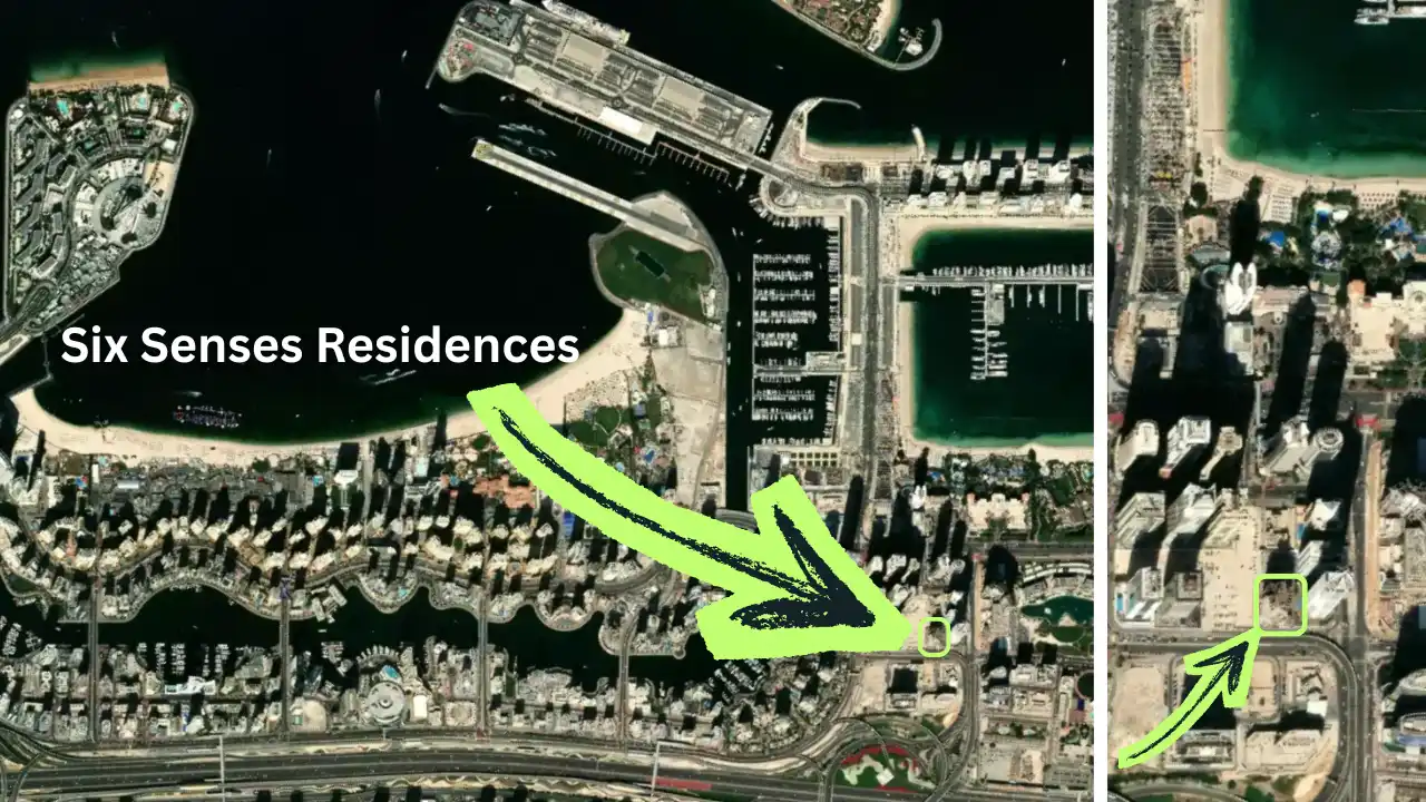 Six Senses Residences Dubai Marina location map showing exact position within Dubai Marina waterfront and surrounding towers in Dubai - Presented by Tohid Fetrat