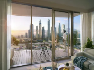 South Beach at Emaar Beachfront by Emaar apartment interior with balcony overlooking marina and skyline in Dubai - Presented by Tohid Fetrat