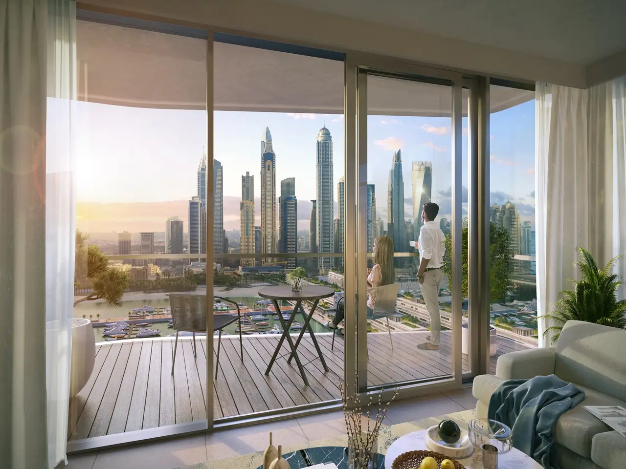 South Beach at Emaar Beachfront by Emaar apartment interior with balcony overlooking marina and skyline in Dubai - Presented by Tohid Fetrat