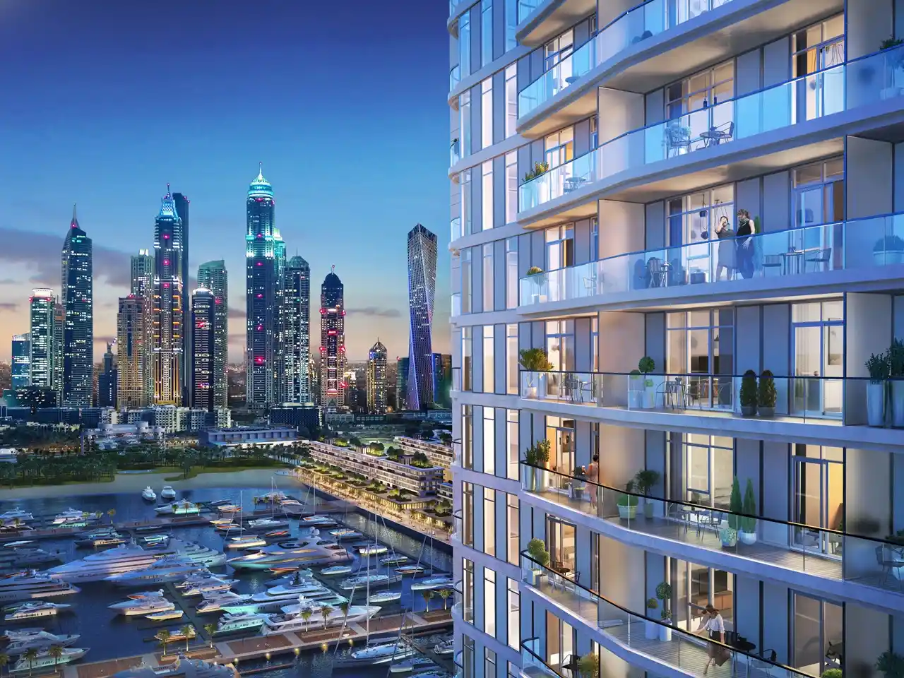 South Beach at Emaar Beachfront by Emaar balconies overlooking marina with yachts and illuminated skyline at night in Dubai - Presented by Tohid Fetrat