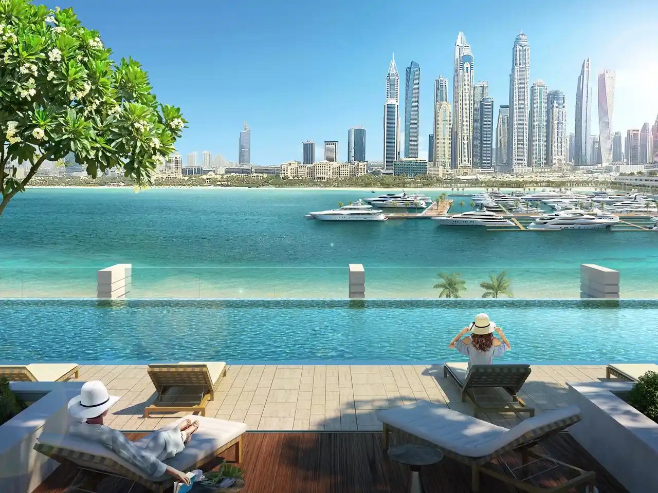 South Beach at Emaar Beachfront by Emaar infinity pool overlooking marina yachts and skyline during daytime in Dubai - Presented by Tohid Fetrat