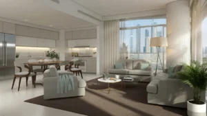 South Beach at Emaar Beachfront by Emaar open plan living and dining area with large windows and skyline view in Dubai - Presented by Tohid Fetrat