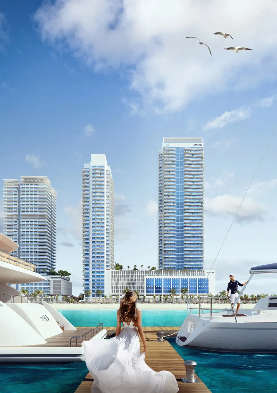 South Beach at Emaar Beachfront by Emaar marina dock with yachts and beachfront towers in Dubai - Presented by Tohid Fetrat