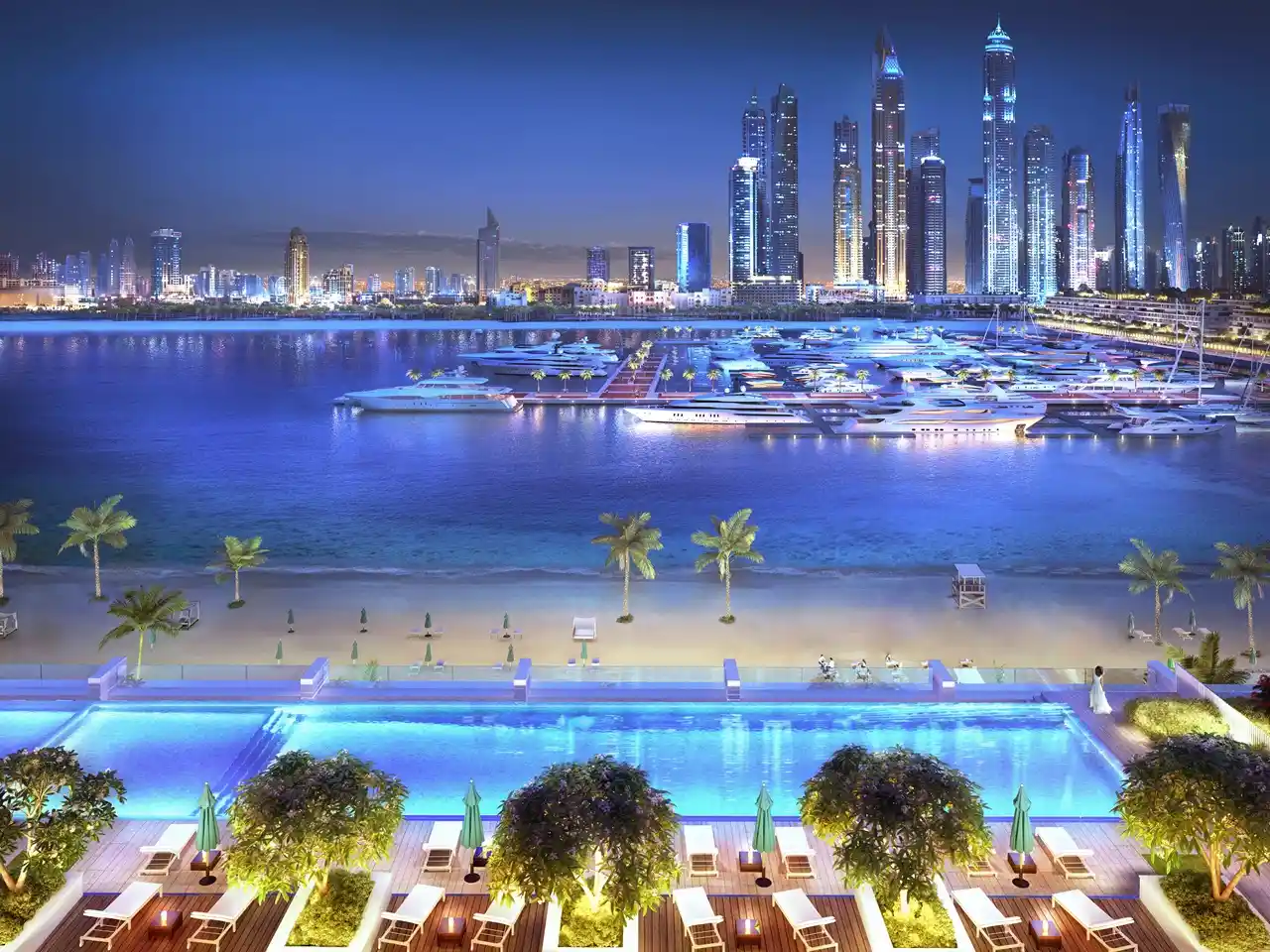 South Beach at Emaar Beachfront by Emaar night view of infinity pool overlooking marina and illuminated skyline in Dubai - Presented by Tohid Fetrat