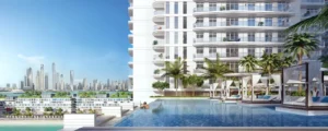 South Beach at Emaar Beachfront by Emaar infinity pool with cabanas and skyline view in Dubai - Presented by Tohid Fetrat