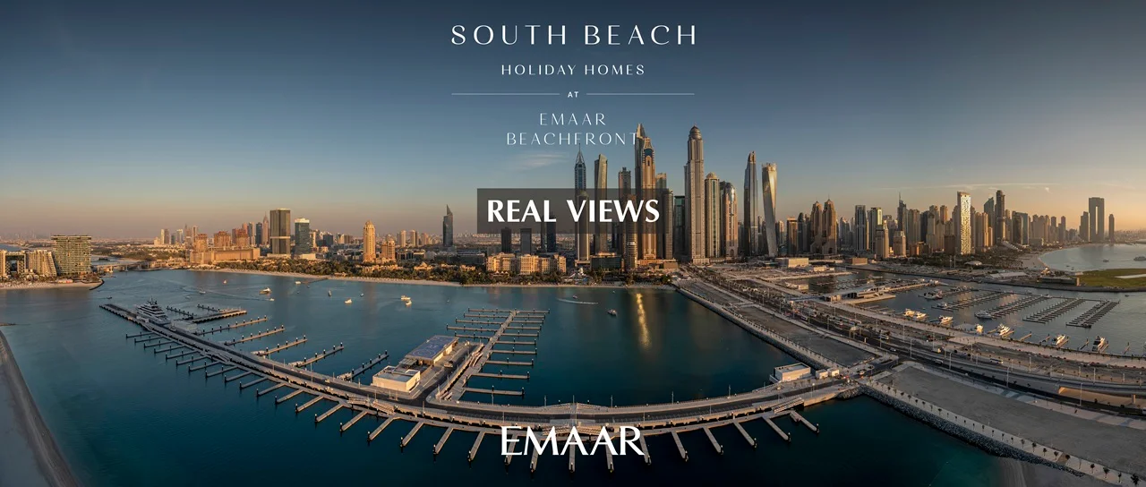 South Beach at Emaar Beachfront by Emaar real views aerial of marina waterfront and skyline in Dubai - Presented by Tohid Fetrat