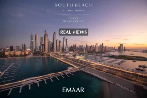 South Beach at Emaar Beachfront by Emaar real views of marina waterfront and skyline at dusk in Dubai - Presented by Tohid Fetrat