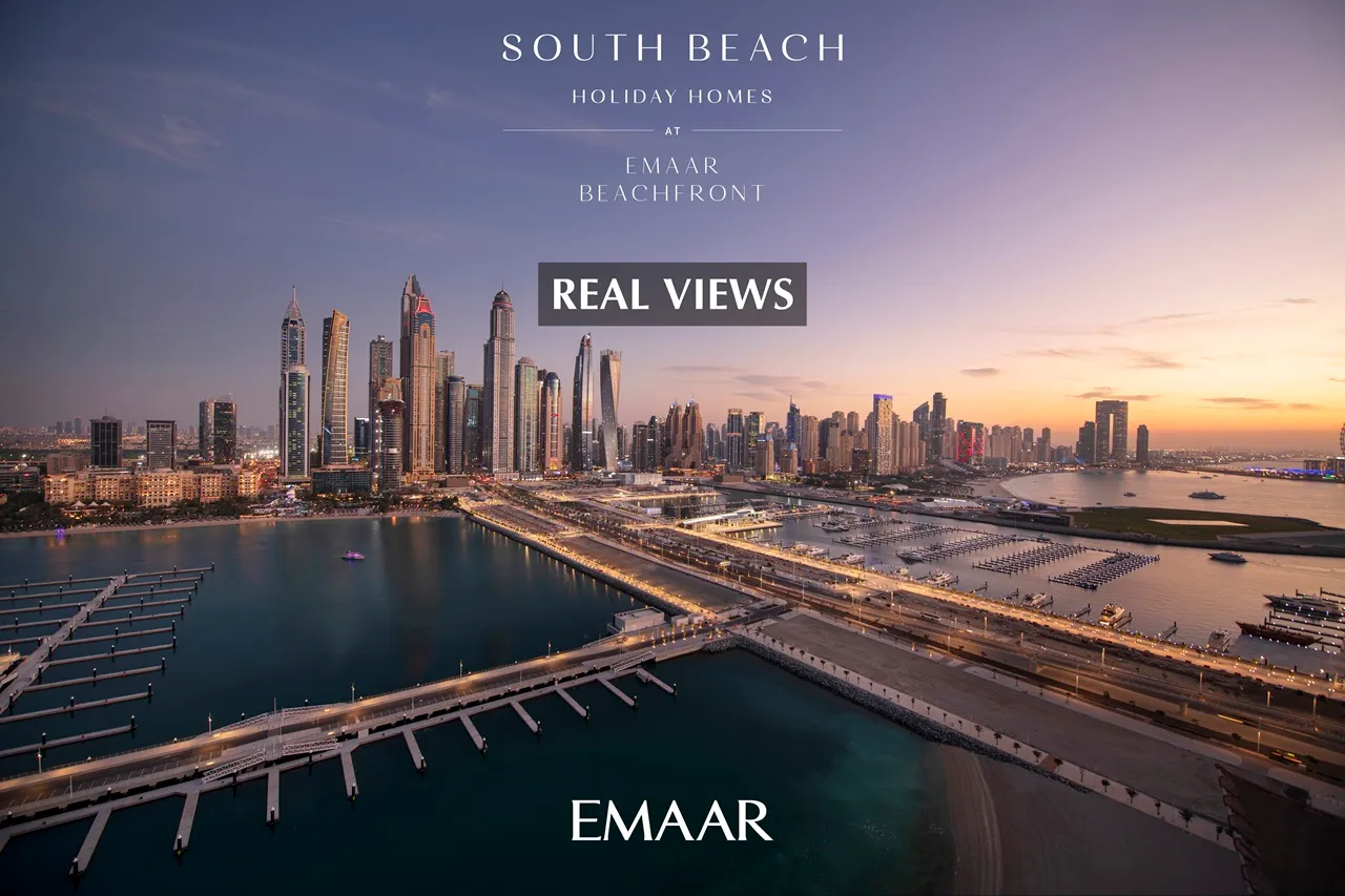 South Beach at Emaar Beachfront by Emaar real views of marina waterfront and skyline at dusk in Dubai - Presented by Tohid Fetrat