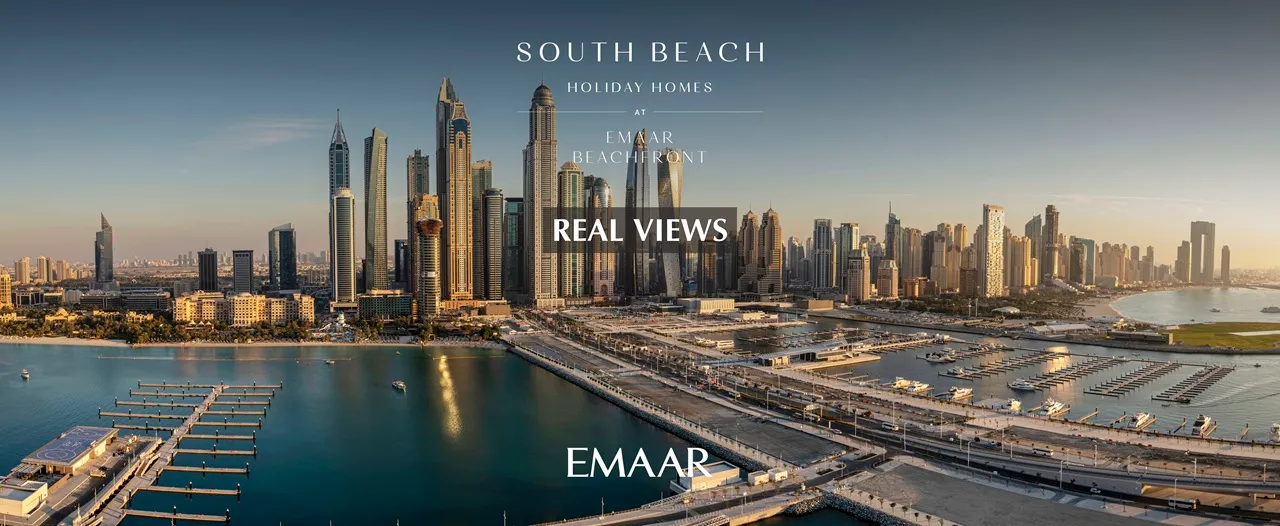 South Beach at Emaar Beachfront by Emaar real views of marina and skyline from waterfront in Dubai - Presented by Tohid Fetrat
