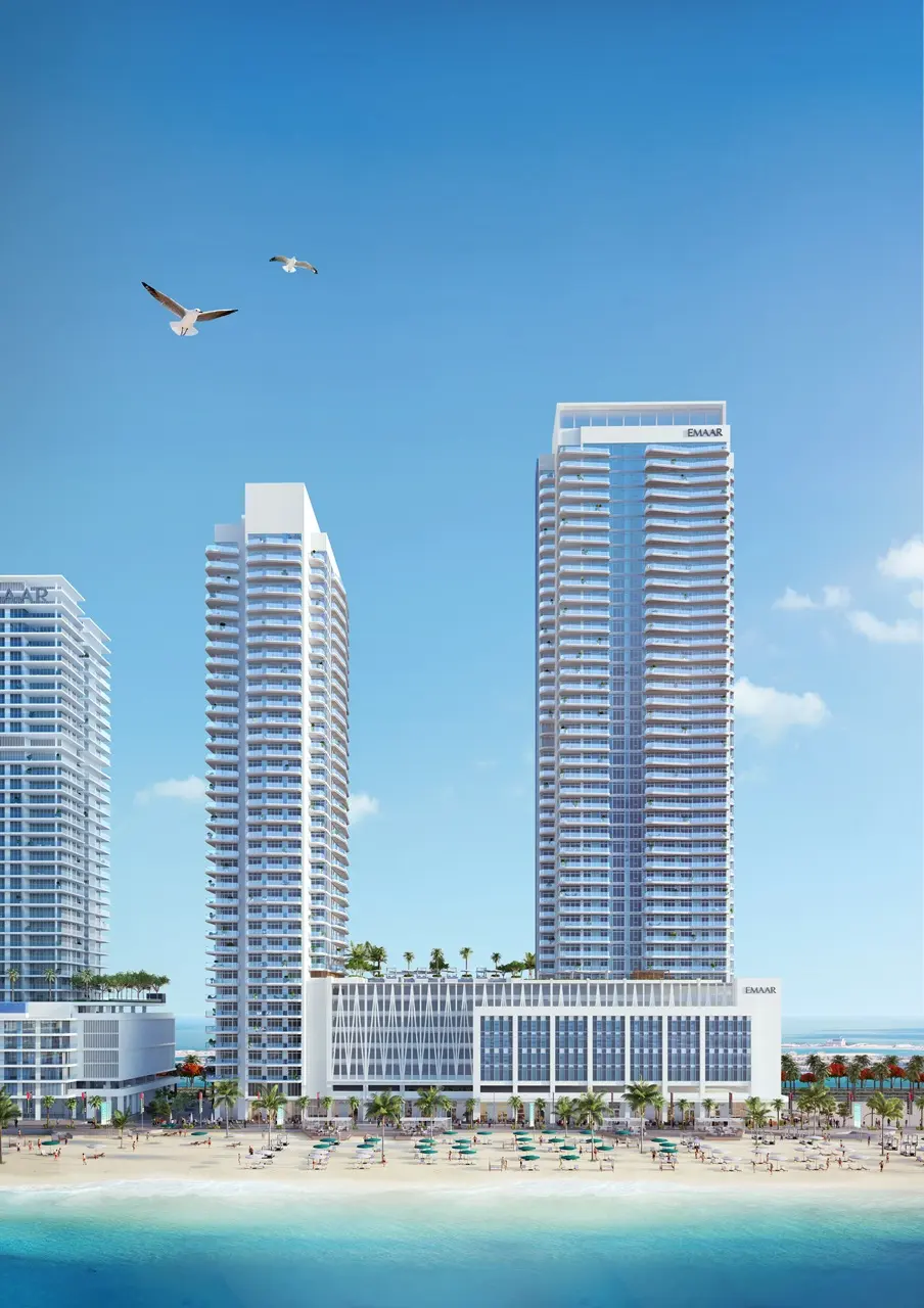 South Beach at Emaar Beachfront by Emaar twin towers facing the beach with skyline backdrop in Dubai - Presented by Tohid Fetrat