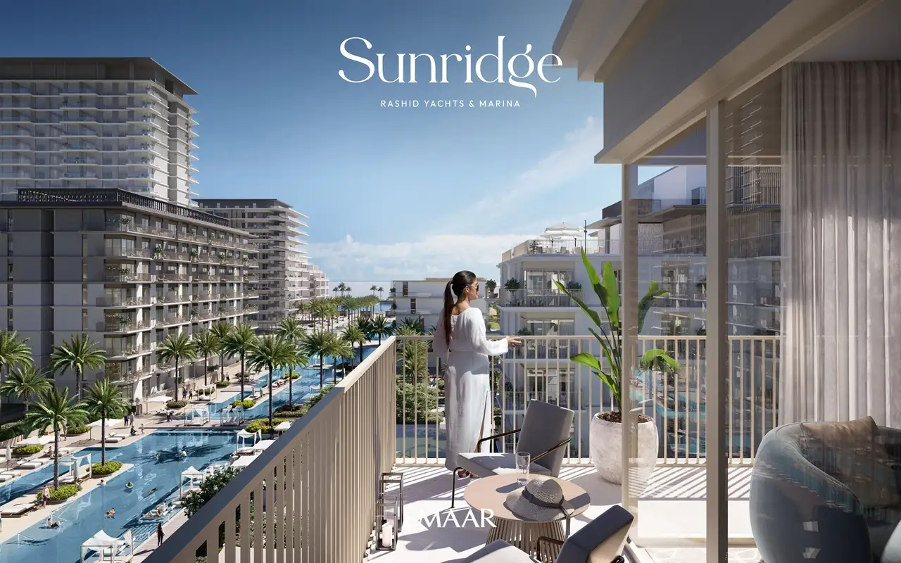 Sunridge at Rashid Yachts & Marina by Emaar private balcony overlooking marina pools palm lined promenade and modern residences in Dubai - Presented by Tohid Fetrat