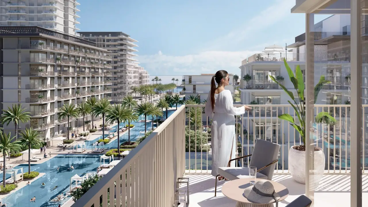 Sunridge at Rashid Yachts & Marina by Emaar private balcony overlooking resort style pools palm trees and modern residences in Dubai - Presented by Tohid Fetrat