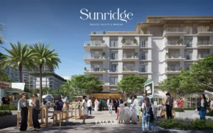 Sunridge at Rashid Yachts & Marina by Emaar lively community plaza with outdoor seating retail kiosks and modern apartments in Dubai - Presented by Tohid Fetrat