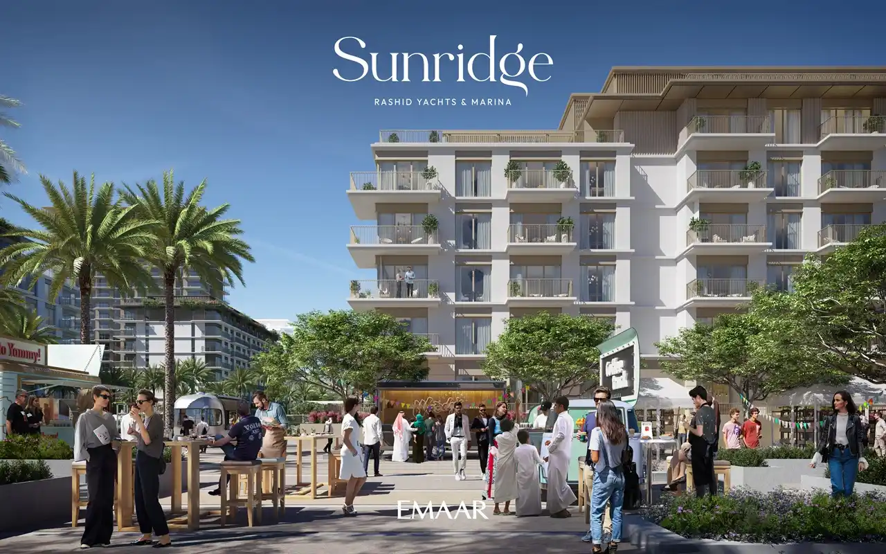 Sunridge at Rashid Yachts & Marina by Emaar lively community plaza with outdoor seating retail kiosks and modern apartments in Dubai - Presented by Tohid Fetrat