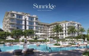 Sunridge at Rashid Yachts & Marina by Emaar lagoon style swimming pool with cabanas and modern apartment buildings in Dubai - Presented by Tohid Fetrat