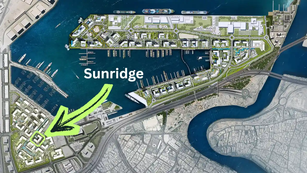 Sunridge at Rashid Yachts & Marina by Emaar highlighted location within masterplan showing marina layout and waterfront positioning in Dubai - Presented by Tohid Fetrat