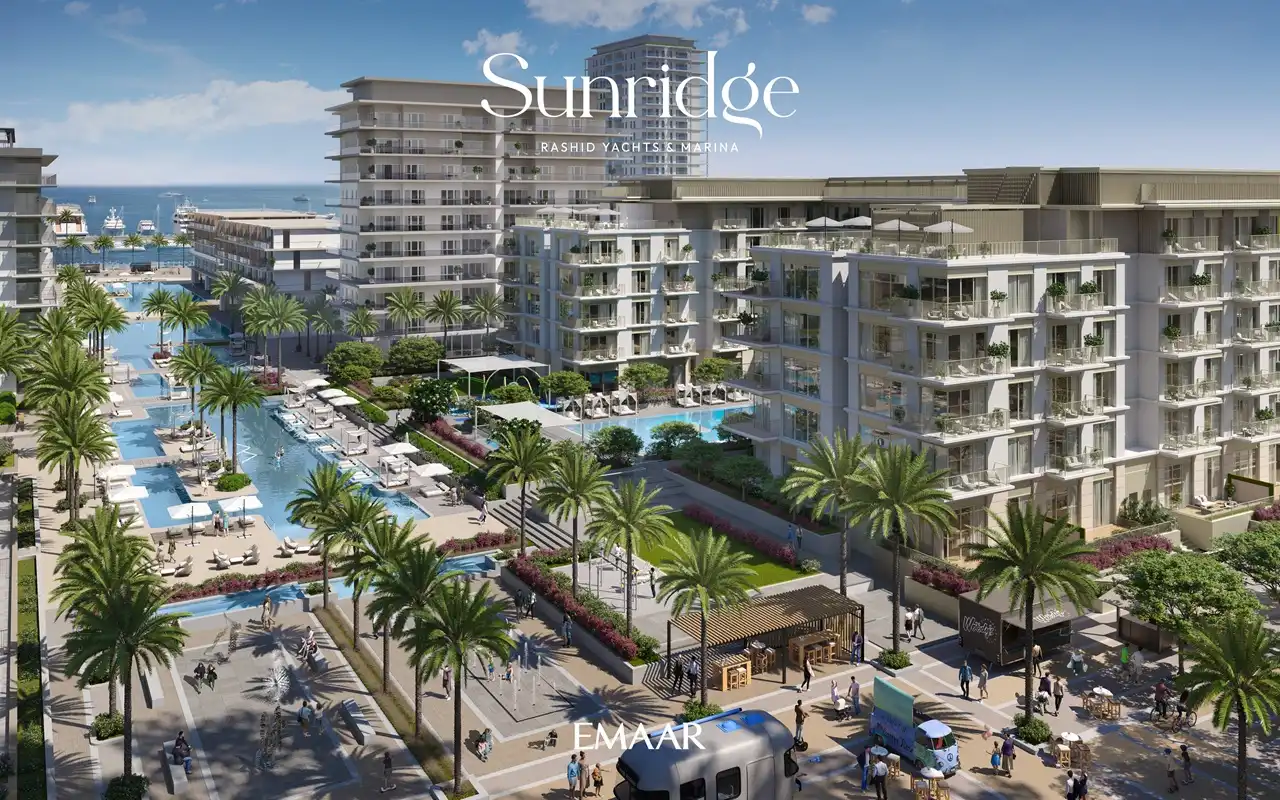 Sunridge at Rashid Yachts & Marina by Emaar waterfront promenade with palm trees swimming pools and modern apartments in Dubai - Presented by Tohid Fetrat