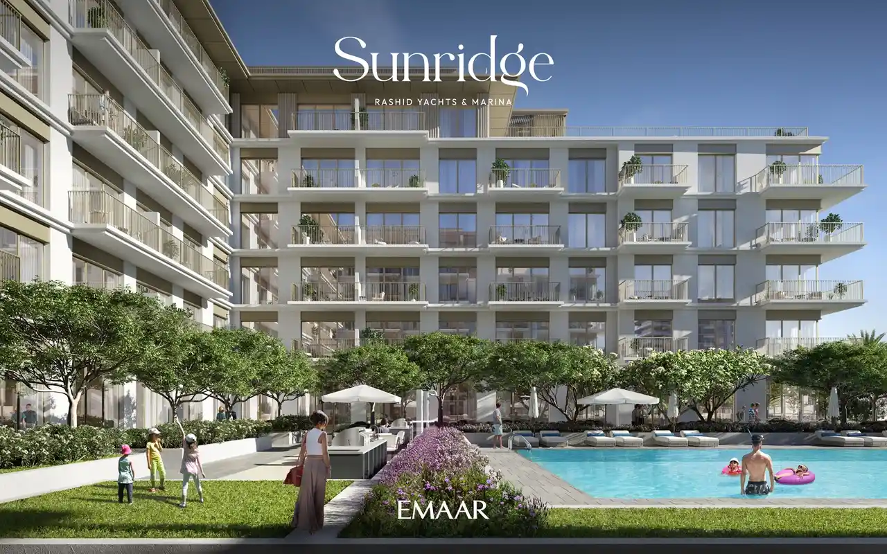 Sunridge at Rashid Yachts & Marina by Emaar landscaped courtyard with swimming pool and modern apartment balconies in Dubai - Presented by Tohid Fetrat