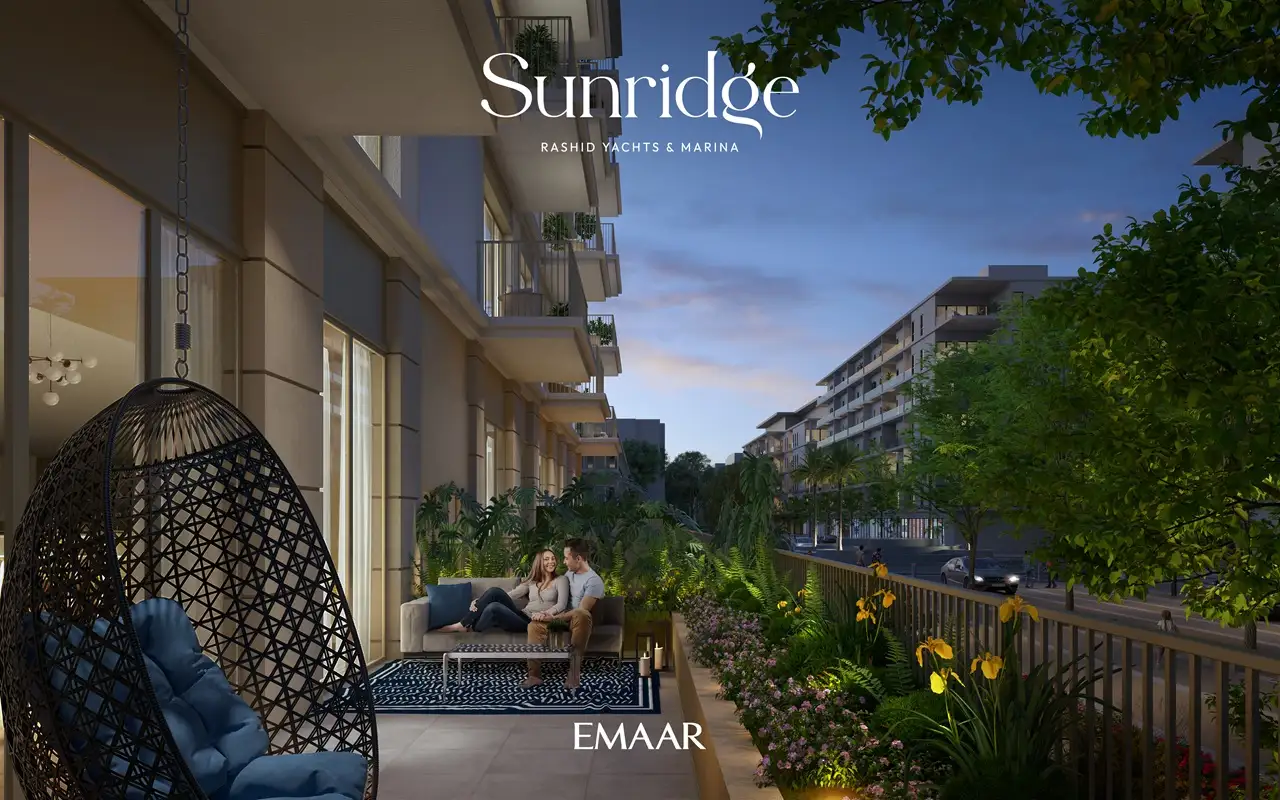 Sunridge at Rashid Yachts & Marina by Emaar private terrace with outdoor seating greenery and modern apartment façade in Dubai - Presented by Tohid Fetrat