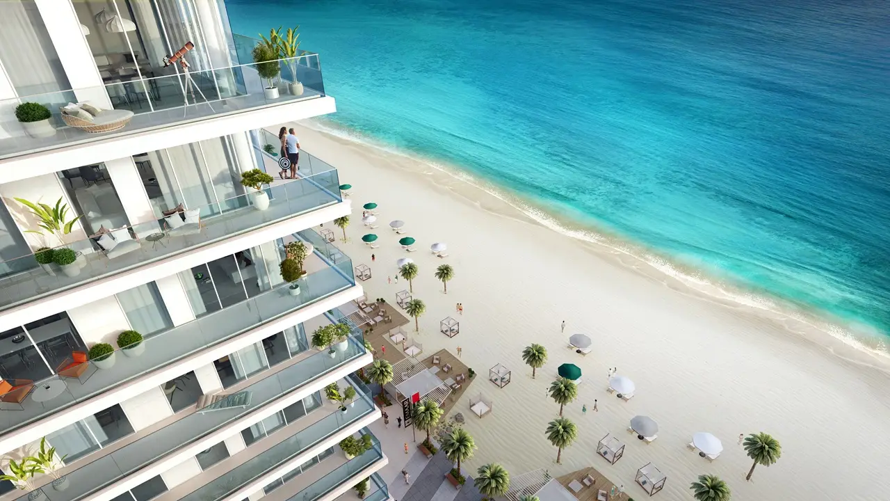Sunrise Bay at Emaar Beachfront by Emaar beachfront apartment balconies overlooking sandy beach and clear Gulf waters in Dubai - Presented by Tohid Fetrat