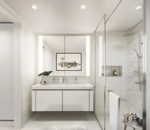 Sunrise Bay at Emaar Beachfront by Emaar modern bathroom interior with double vanity mirror lighting and glass shower in Dubai - Presented by Tohid Fetrat