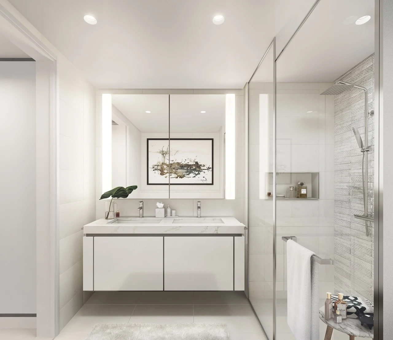 Sunrise Bay at Emaar Beachfront by Emaar modern bathroom interior with double vanity mirror lighting and glass shower in Dubai - Presented by Tohid Fetrat