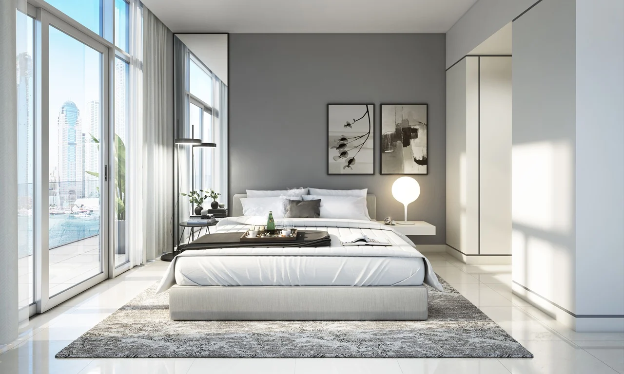 Sunrise Bay at Emaar Beachfront by Emaar modern bedroom interior with marina view floor to ceiling windows and minimalist design in Dubai - Presented by Tohid Fetrat