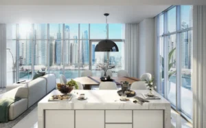Sunrise Bay at Emaar Beachfront by Emaar open plan living and dining area with marina skyline view floor to ceiling windows and modern interior in Dubai - Presented by Tohid Fetrat