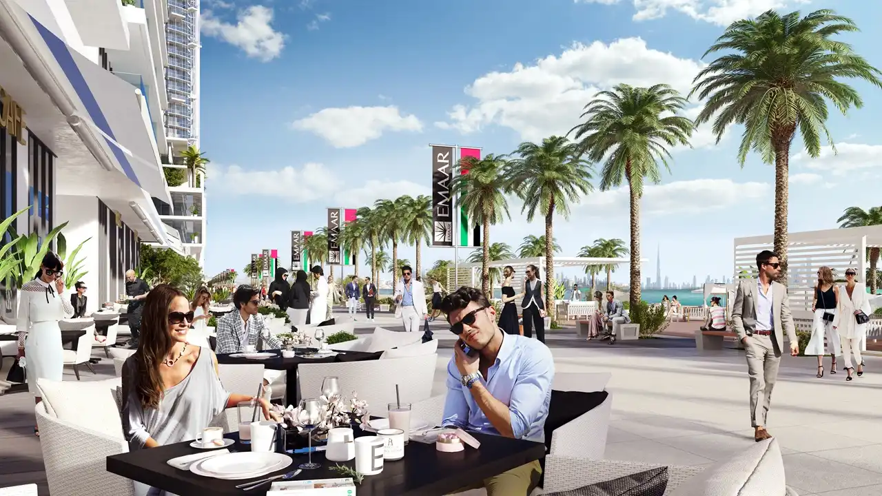 Sunrise Bay at Emaar Beachfront by Emaar beachfront promenade with outdoor dining palm lined walkway and marina lifestyle setting in Dubai - Presented by Tohid Fetrat
