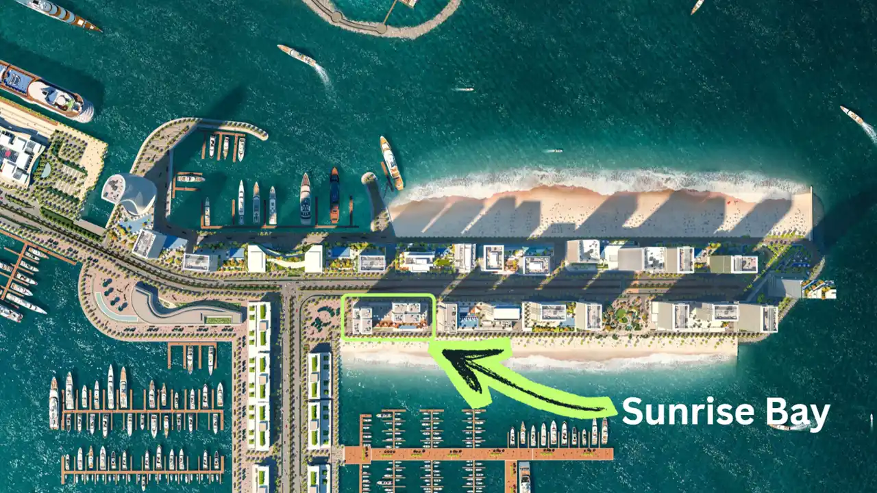 Sunrise Bay at Emaar Beachfront by Emaar highlighted location within masterplan showing beachfront positioning and marina surroundings in Dubai - Presented by Tohid Fetrat