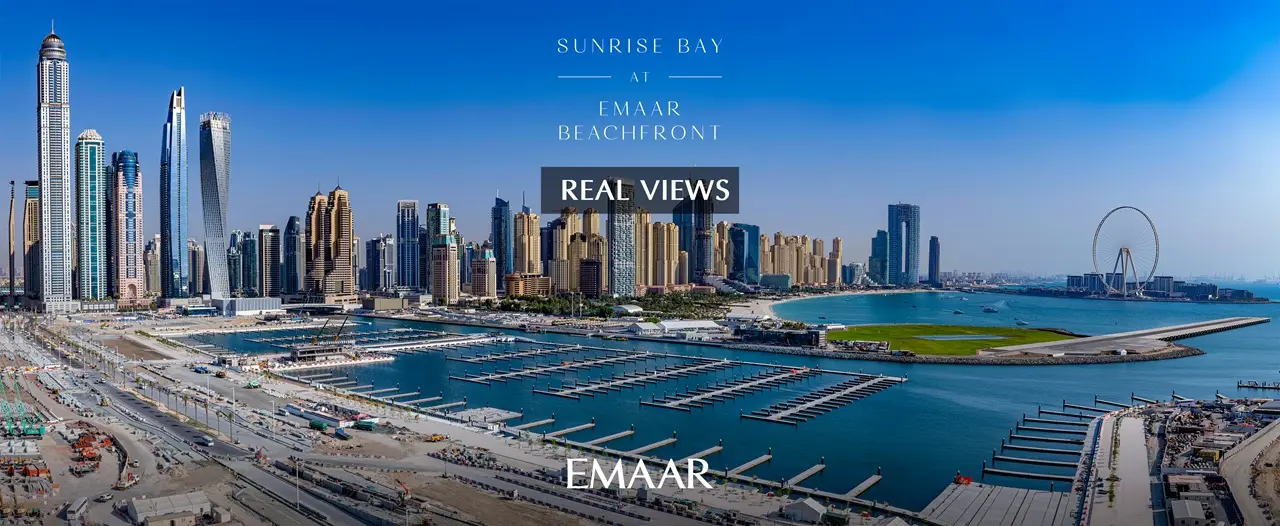 Sunrise Bay at Emaar Beachfront by Emaar real views of Dubai Marina skyline Ain Dubai and waterfront marina basin in Dubai - Presented by Tohid Fetrat