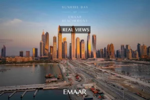 Sunrise Bay at Emaar Beachfront by Emaar real views of Dubai Marina skyline with waterfront and marina basin at sunset in Dubai - Presented by Tohid Fetrat