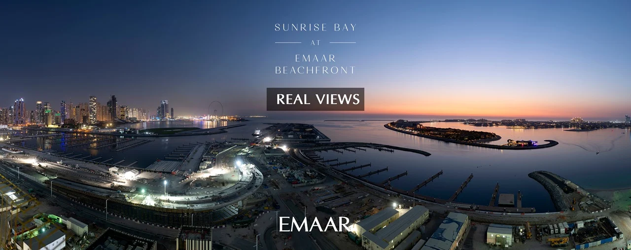 Sunrise Bay at Emaar Beachfront by Emaar real panoramic views of Dubai Marina coastline marina basin and islands at sunset in Dubai - Presented by Tohid Fetrat