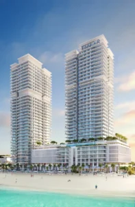 Sunrise Bay at Emaar Beachfront by Emaar twin residential towers overlooking sandy beach and Gulf at sunset in Dubai - Presented by Tohid Fetrat