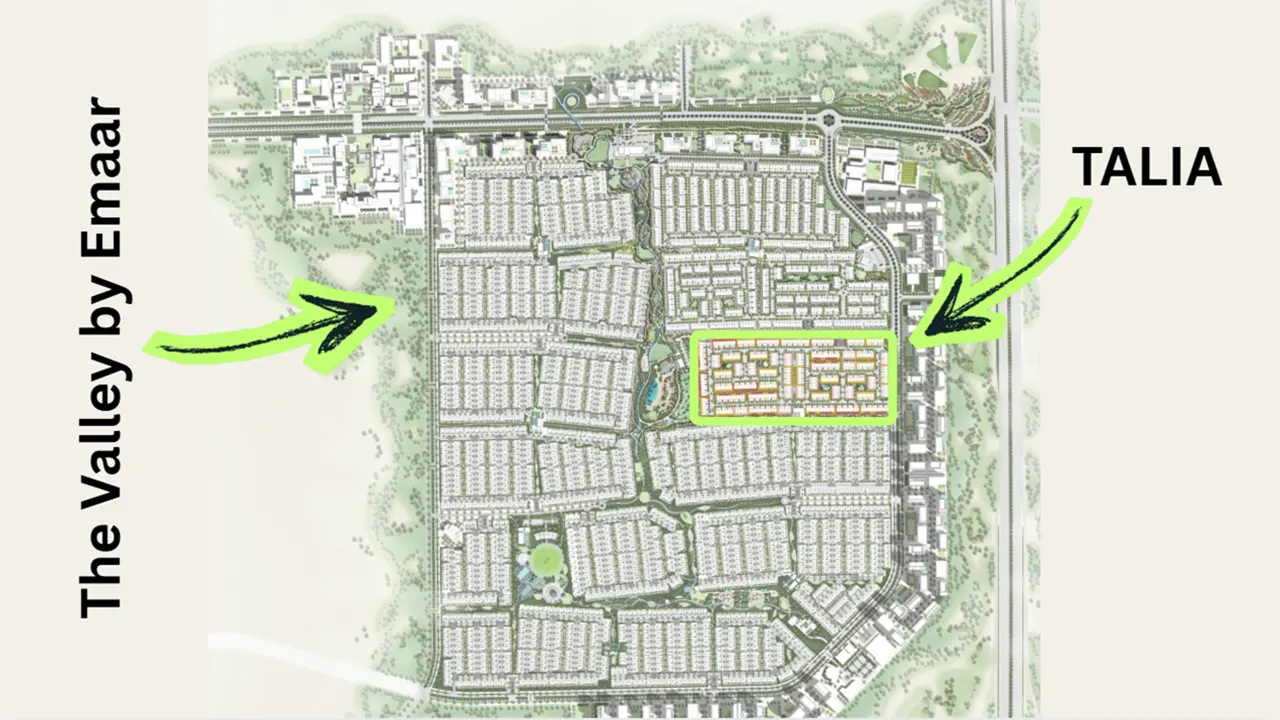 TALIA at The Valley by Emaar location map highlighting community layout surrounding neighborhoods and internal road network in Dubai - Presented by Tohid Fetrat
