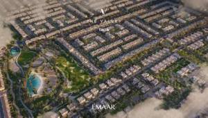 TALIA at The Valley by Emaar aerial community view with modern townhouses green parks and central lagoon in Dubai - Presented by Tohid Fetrat